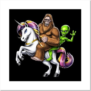 Bigfoot Alien Riding Unicorn Posters and Art